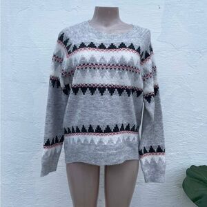 Sundry Grey Fair Isle Scoopneck Sweater with Black & Pink Accents
